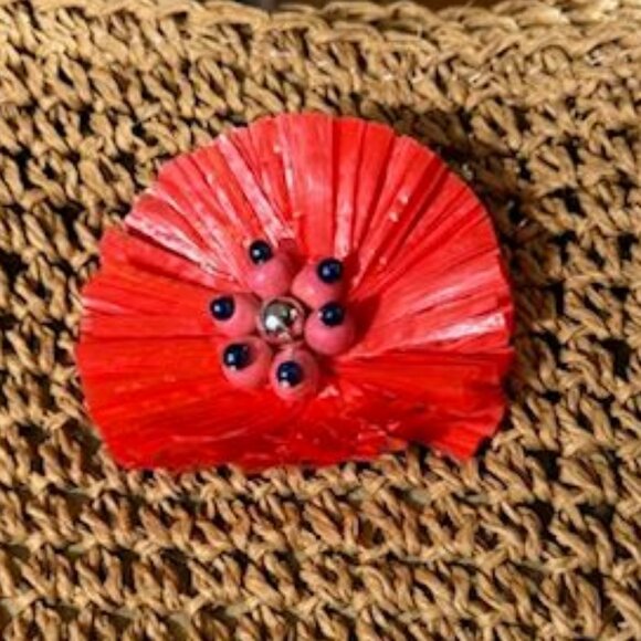 Jessica Simpson Raffia Straw 3D Beaded Floral Feather St. Pete Toast Pink Tote - Picture 12 of 16